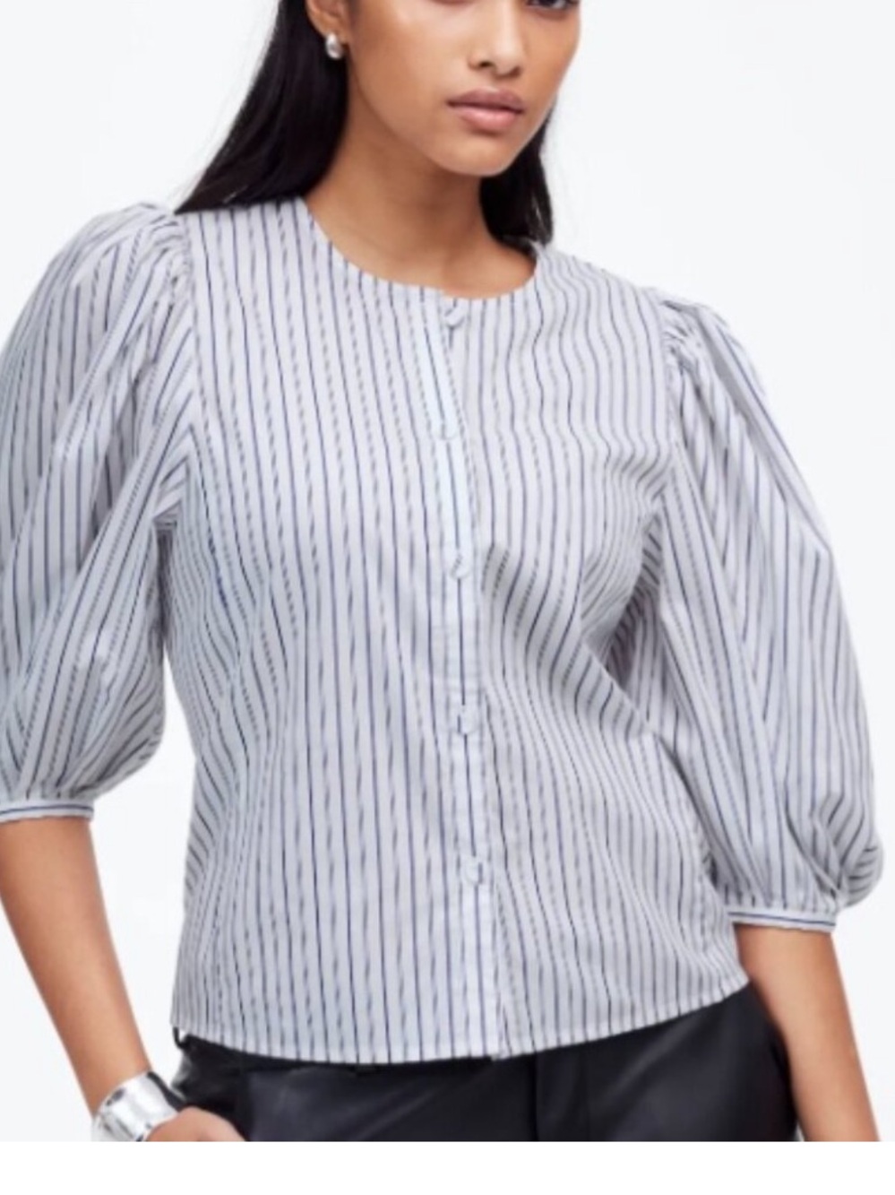 Madewell Striped Puff-Sleeve Button-Front Blouse in White and Blue Stripes